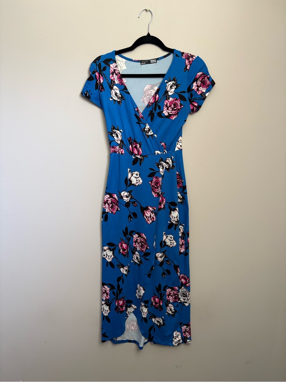 Rebel Sugar Blue Floral Wrap Midi Dress with Pink & White Roses Size XS - Picture 2 of 7